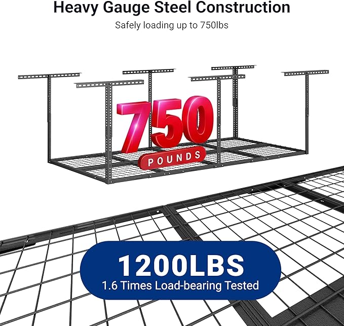 FLEXIMOUNTS 3x8 Overhead Garage Storage Rack,Adjustable Storage Organization System, Heavy Duty Metal Garage Ceiling Storage Racks, 2 pack, Hammertone, Classic Series