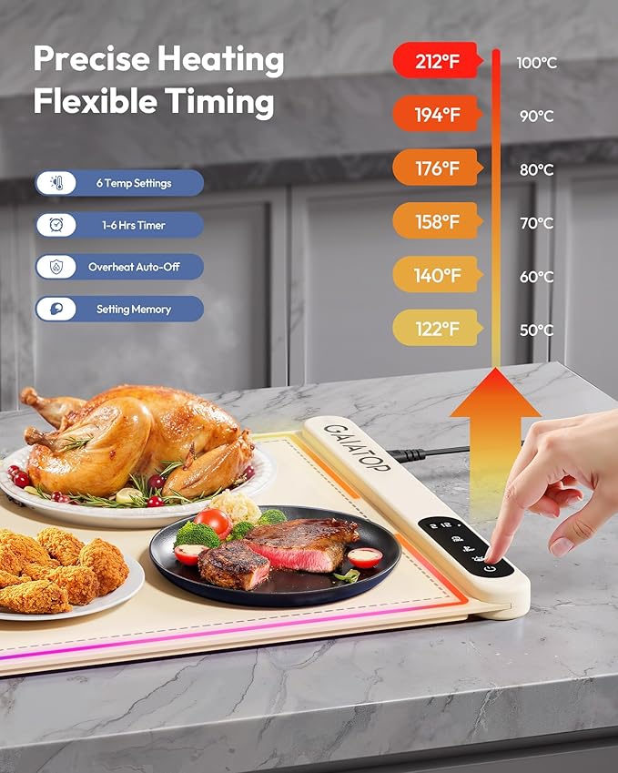 Gaiatop Warming Mat for Food with Trivet & Light, Food Warming Mats for Countertop, 6 Temp Level, 6 Timer Settings, Full-Surface Fast Heating, Portable Silicone Food Warmer for Parties Buffet