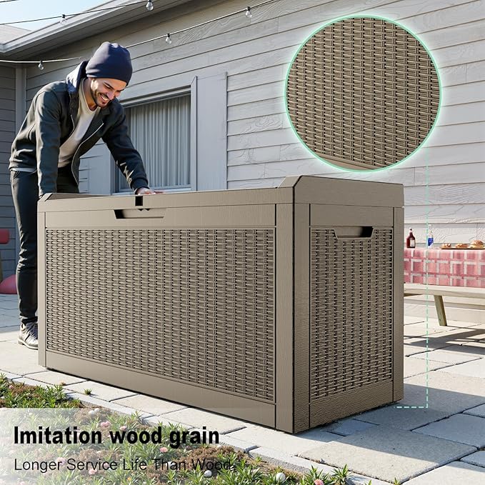 DRATO 70 Gallon Outdoor Storage box Waterproof, Resin Large lockable Deck Storage Box, Waterproof Storage Containers and Patio Furniture Side Table for Pool and Garden Accessories (70 Gallon, Gray)