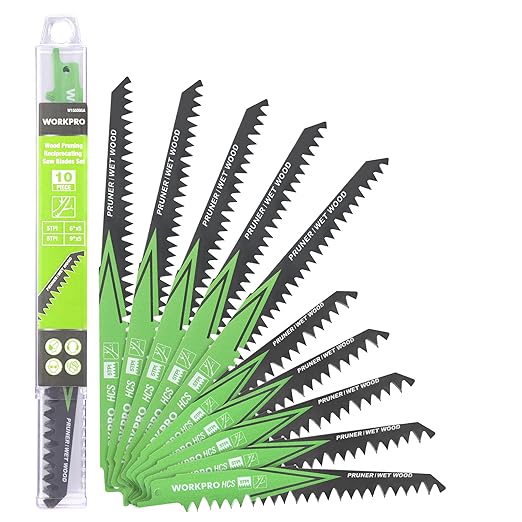 WORKPRO Wood Pruning Reciprocating Saw Blade Set, 6/9 Inch Pruner Saw Blades with 5TPI High Carbon Steel for Fast & Clean Pruning and Cutting Wet Wood, Organizer Case Included,10 Pieces