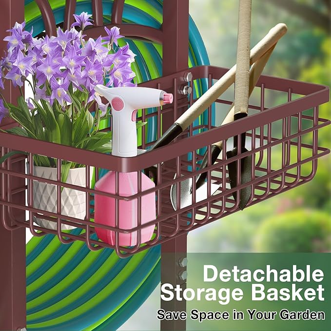 Upgraded Garden Hose Holder with Large Basket, Heavy Duty Water Hose Holder Supports 160-ft Hoses, Freestanding Detachable Hose Stand Storage Reel Hanger Rack for Yard Lawn Farm, Bronze