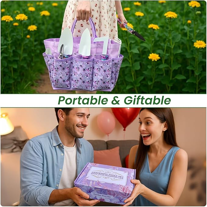 Gardening Tools Set for Women, 10-Piece Purple Floral Heavy Duty Garden Tool Set with Storage Tote Bag, Gardening Tools Kit with Ergonomic Non-Slip Handle, Ideal Women's Gift for Gardening