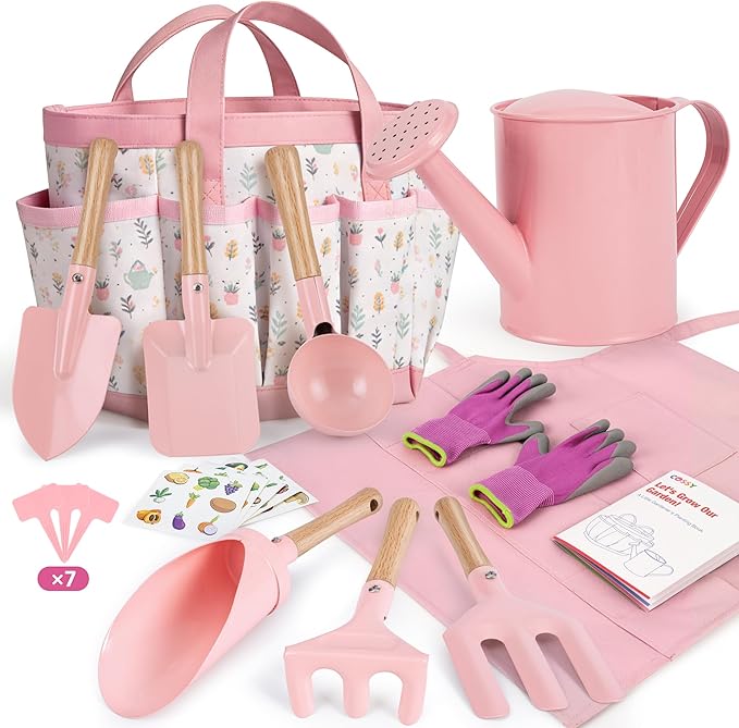 Cossy Kids Gardening Set, 13PCS Garden Tool Kit for Kids and Toddlers Boys Girls, Includes Tote Bag, Watering Can, Shovels, Rake, Kids Gardening Gloves, Apron and More, Pink