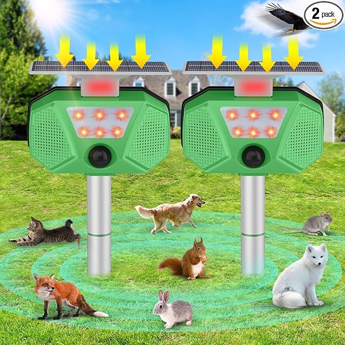 Solar Ultrasonic Animal Repeller, Cat Repellent Outdoor with Motion Sensor, LED Flashing, Waterproof Deer Repellent for Dogs, Cat, Bird, Squirrels, Raccoon, Rabbit, Fox