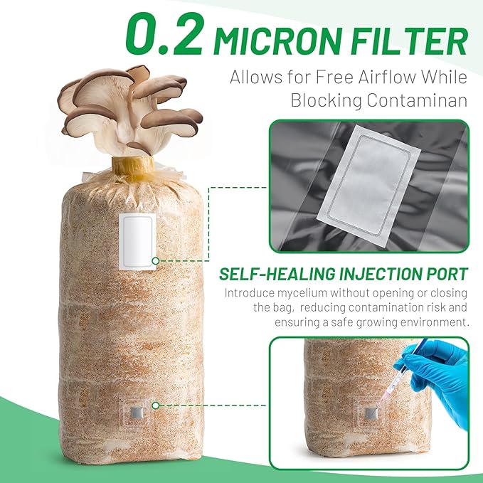 GREANER Mushroom Grow Bags 6 Mil, 9.8"x5.5"x25.6" Thick Autoclave Spawn Bags with Injection Port for Your Grain-25PCS
