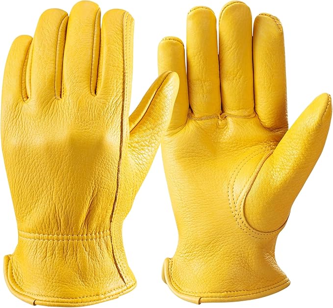 OZERO Leather Work Gloves: Mens Deerskin Gloves Soft Breathable Abrasion Resistant Gardening Firewood Glove - for Driving Riding Yardwork Ranch Farm Hunting Garage DIY for Men & Women (Gold,L)