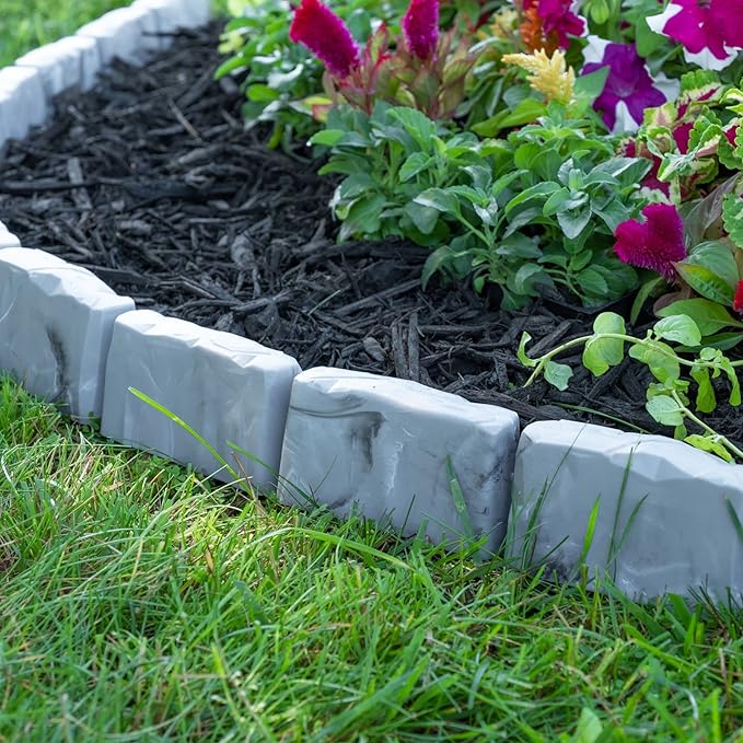 EasyFlex No-Dig Landscape Edging with Anchoring Spikes, 2.7 in Tall Decorative Stone-Look Garden Border, 15 Foot Kit, Slate Gray