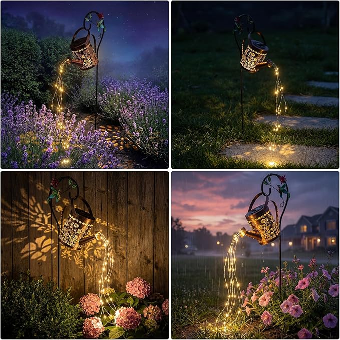 MEBRUDY Solar Garden Decor Lights, IP44 Waterproof Metal Hummingbird Solar Watering Can Lights Outdoor Decor for Yard Pathway Patio Lawn, Gifts for Women Mom Grandma Birthday