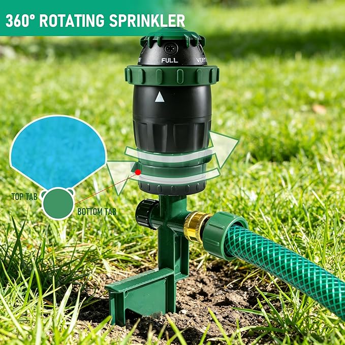 HOURLEEY 2 Pack Gear Drive Sprinkler for Yard, Heavy Duty 5-Pattern 360 Degree Rotary Water Sprinkler with Spike Base, Durable Lawn Sprinkler with 3/4 Inch Adapters for Large Area Garden