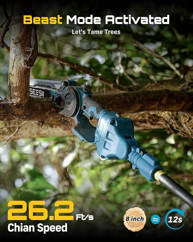 SEESII 2 in 1 Cordless 8 inch Pole Saw & Mini Chainsaw with 2 Battery, Power Electric Polesaw for Tree Trimming, Chain Saw with Extension Pole, Limb Branch Cutter Pruner P8 Ace
