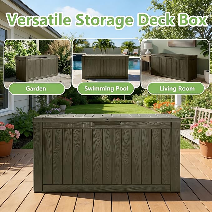 Oudoor Storage Deck Boxes Waterproof, Waterproof and UV Resistant Outdoor Storage Box Lockable Lid for Delivery Box, Indoor, Garden Tools, Pool Supplies, Patio (Grey, 110 Gallon)