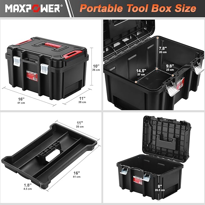 MAXPOWER 16 inch Plastic Tool Box, Black Deep Toolbox with Metal Latches and Removable Tray, Pack of 1