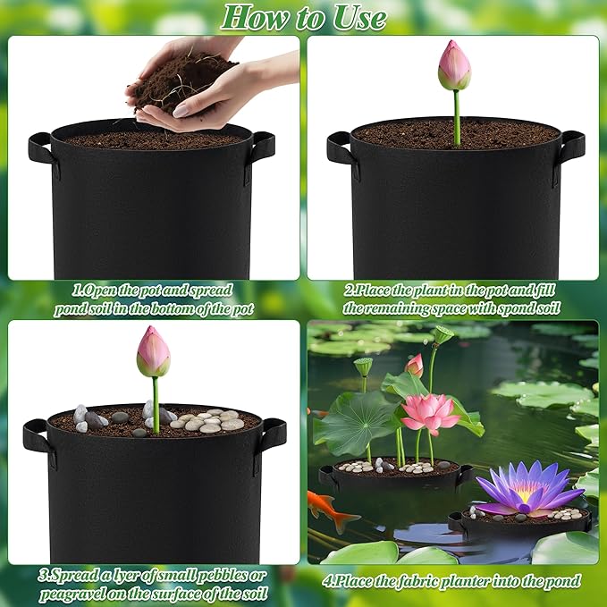 2 Gallon Lily Plant Pots for Pond, 6 Pack Aquatic Planter Thickened Fabric Felt Pots with Handles, Durable Breathe Reusable Plant Grow Bag for Aquatic Plants, Flower, Carrot, Potato, Tomota