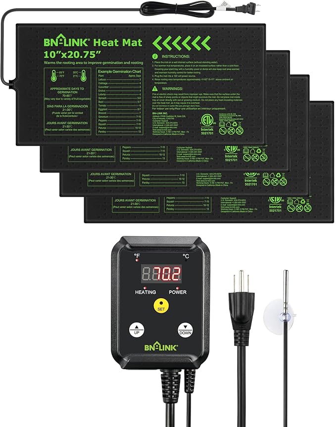 BN-LINK Seedling Heat Mat with Thermostat Controller Combo Set, 4 Pack 10" x 20.75" Plant Heating Mat for Seed Starting with Temperature Control for Indoor Growing, Plants Germination