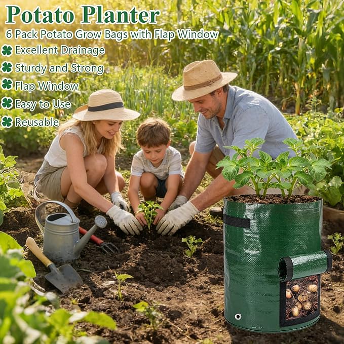 cyrico Potato Grow Bags, 10 Gallon 6 Pack Grow Bags for Potatoes with Flap Harvest Window and Handles, Sturdy PE Fabric Pots Potato Planter Garden Planting Bags for Onion Fruits Tomato Vegetables