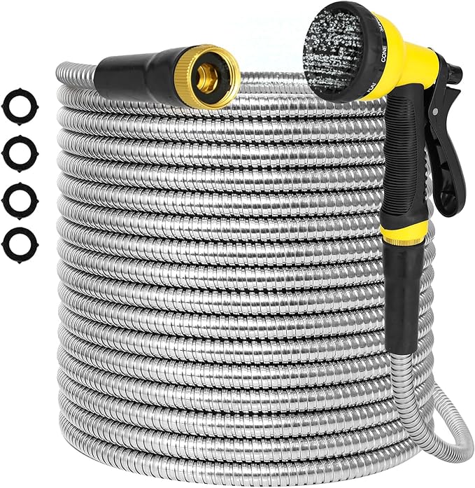 100FT Garden Hose, Flexible, Kink-Free, Lightweight, Crush Resistant Fittings AMOOX Stainless Steel Water Hoses with Nozzles Metal Hose for Yard, RV, Garden, Outdoor