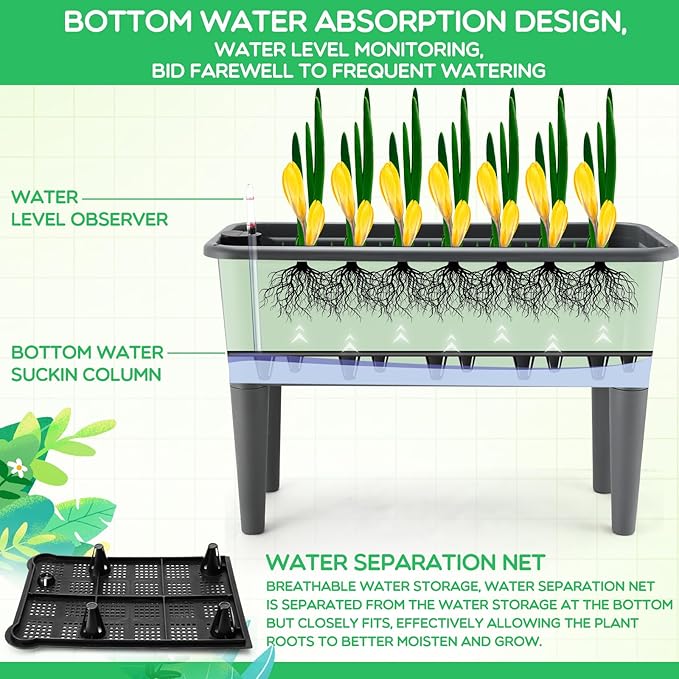 Yungyan 2 Pcs Self Watering Raised Garden Bed with Water Level Indicator, 13.2 Gallon Elevated Plastic Planter Box for Vegetables, Herbs, Flowers, Outdoor, Indoor(Gray,2 Pcs)