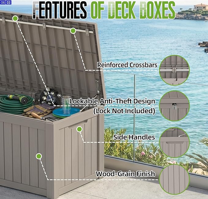 150 Gallon Outdoor Storage Deck Box Waterproof Resin Lockable Outside Bench Porch Patio Furniture Pool Float Garden Tool Cushion UV Resistant Bin Beige
