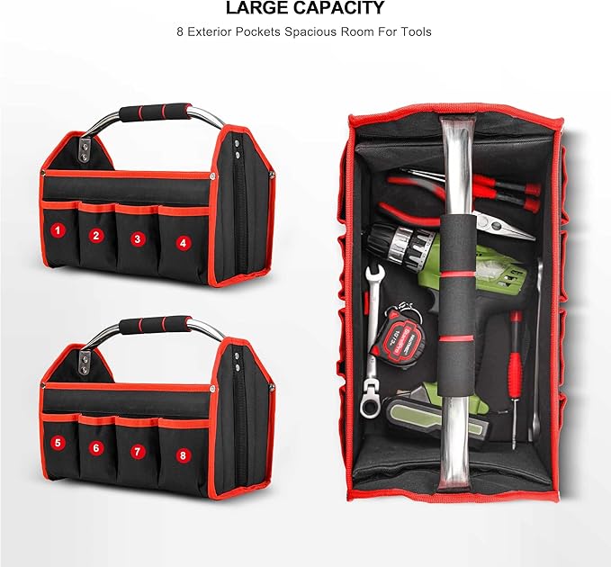 HAUTMEC 13 Inch Tool Bag, Foldable Open Top Tool Bag with Stiff Frame, Heavy-Duty Tool Tote with Padded Handle, Water-Resistant Base, Portable Tool Organizer for DIY & Jobsite Use – TB0001