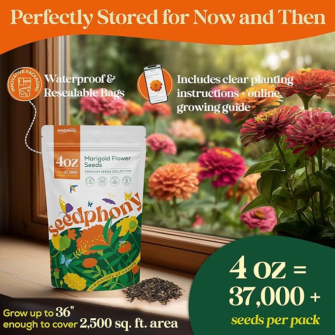 Marigold Seeds Pack 4 oz - 37,000 Non-GMO Heirloom Marigold Seeds for Planting, Perennial Flowers in Waterproof Seed Packet, Wildflower Seeds for Planting Garden Indoor & Outdoor Gardening