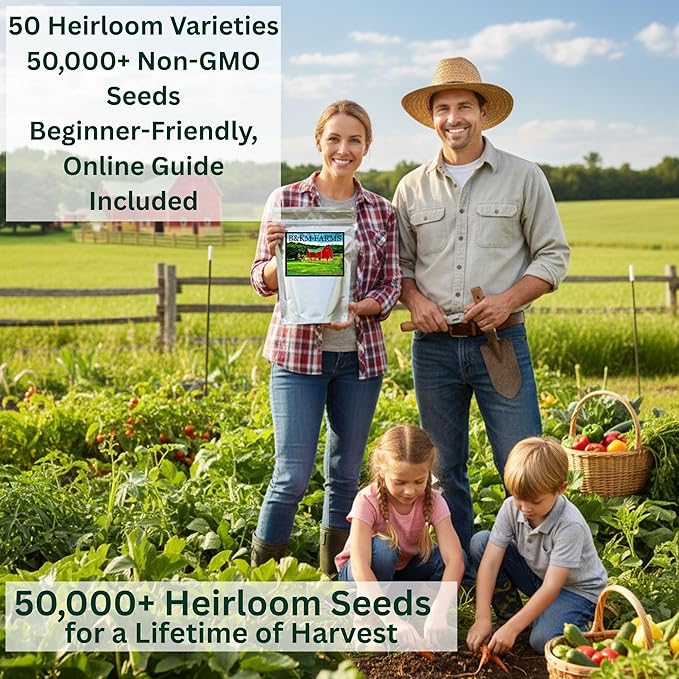 B&KM Farms 50,000+ Heirloom Seed Kit – 50 Varieties of Non-GMO Vegetable, Fruit & Herb Seeds for Home Gardening – High Germination, Hand-Packed, Weather-Resistant Packaging