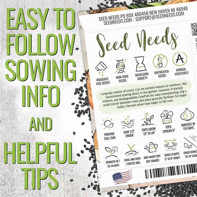 Seed Needs Onion Seeds for Planting Yellow Sweet Spanish Long Day Onions - Non-GMO Heirloom & Untreated Vegetable Seeds to Plant an Outdoor Home Grown Veggie Garden (1 Pack)