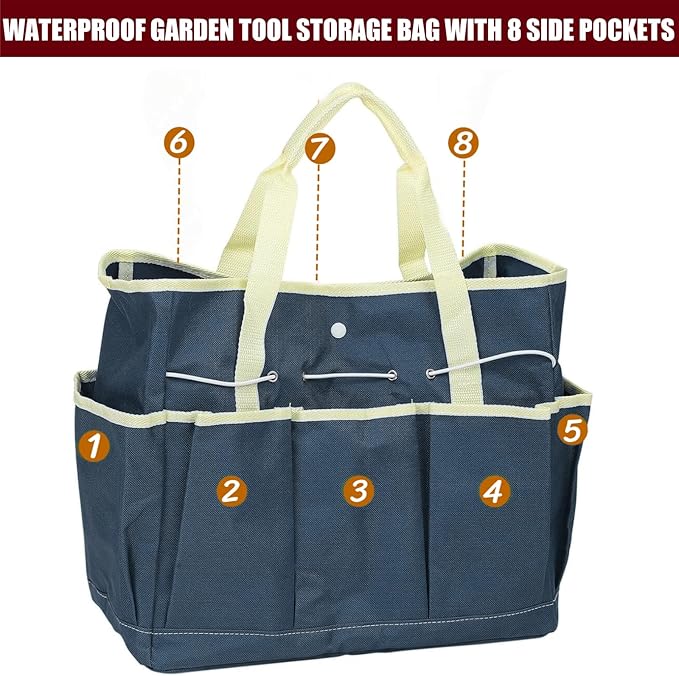 BLIRITEL Garden Tool Organizer,Waterproof Garden Tool Tote Bag with 8 Side Pockets,Outdoor Gardening Tool Storage Bag and Home Organizer for Gardener,Pottery,Electrician and Repairman