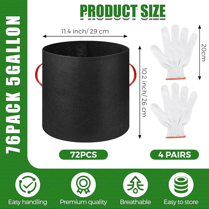 72 Pack 5 Gallon Plant Grow Bags Fabric Pots Bulk Aeration Heavy Duty Nonwoven Fabric Plant Pots with Handles Thick Vegetable Grow Nursery Buckets for Gardening Plants Flowers Fruits Vegetables Potato