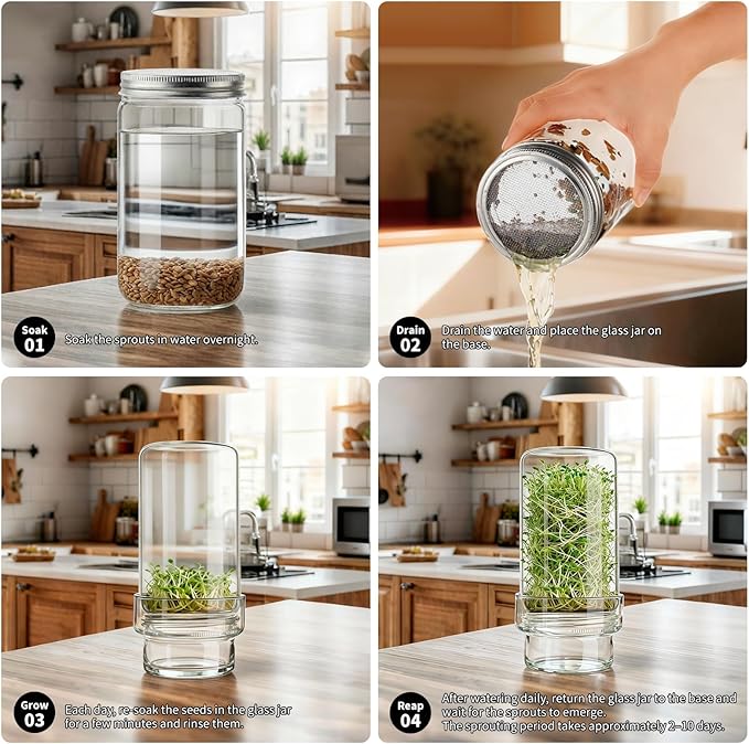 Updated Sprouting Kit - 2 Sprouting Jar Kits, Wide Mouth Quart Mason Jars | Broccoli, Microgreens, Alfalfa Sprout Jar | Perfect for Home Gardeners, Health Enthusiasts & Vegan Diets