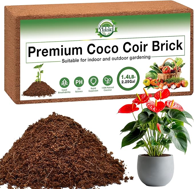 Halatool 1 Pcs Organic Coco Coir for Plants, Compressed Coco Coir Brick Coconut Fiber Substrate with Low EC & pH Balance, High Expansion Coco Peat Seed Starter Soil for Planting Gardening