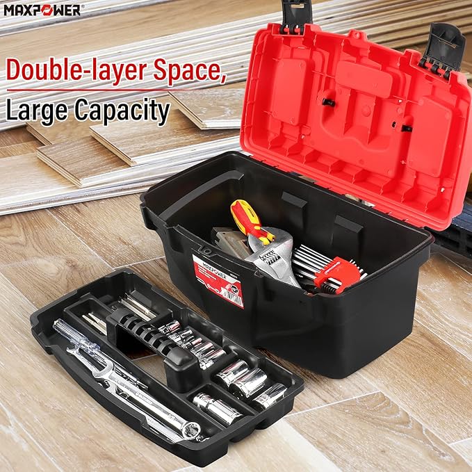 MAXPOWER Tool Box 15-Inch, Plastic Tool Boxes with Removable Tray & Dual Lock Secured For Home