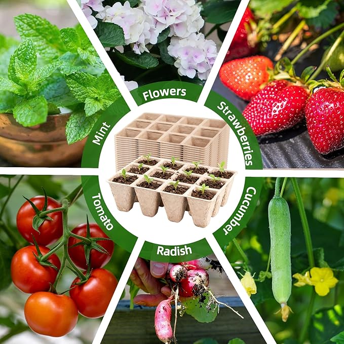 Seed Starter Tray,240 Cell Biodegradable Peat Pots Seed Starter Kit,Organic Germination Trays for Vegetable Flower Seedlings with 20 Plant Labels & 2 Garden Tools -20 Pack(Khaki)