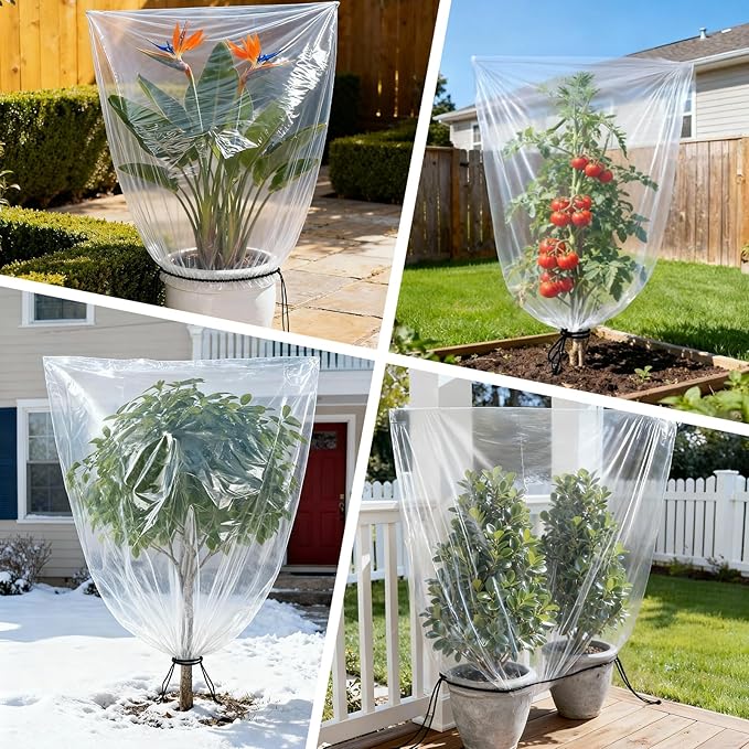 2 Pcs Winter Plant Covers Freeze Protection with Drawstring, 47"x71" Clear Plastic Film Shelter Bags, Waterproof Plant Frost Protection Covers for Outdoor Garden Shrubs Crops
