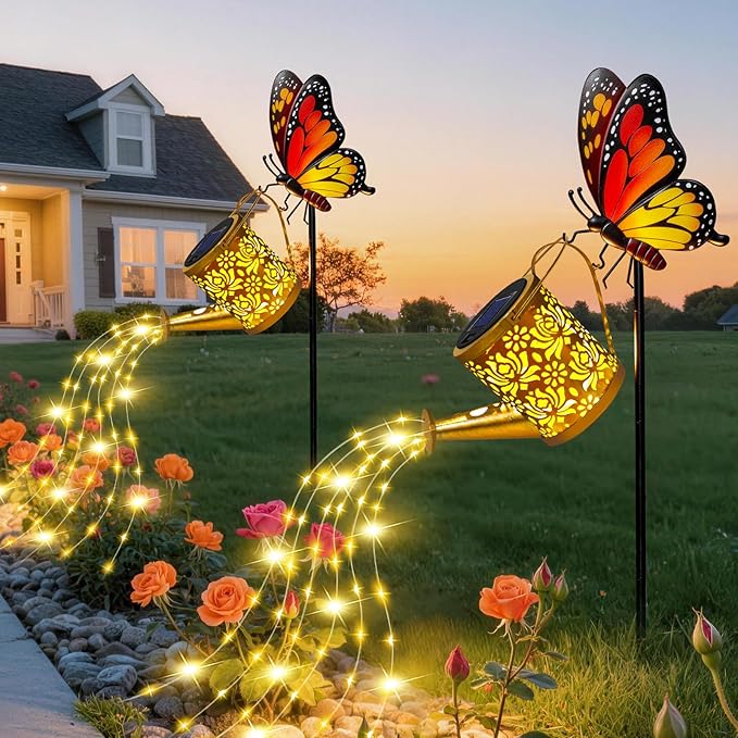 Solar Lights Garden Decor, Mothers Day Gifts, Waterproof Solar Watering Can with Butterfly Garden Stakes, Outdoor Light with Cascading Lights for Outside Patio Porch, Birthday Gift for Women 2 Pack