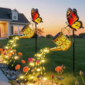 Solar Lights Garden Decor, Mothers Day Gifts, Waterproof Solar Watering Can with Butterfly Garden Stakes, Outdoor Light with Cascading Lights for Outside Patio Porch, Birthday Gift for Women 2 Pack