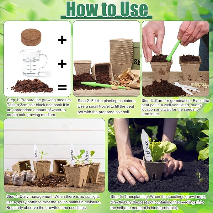 500 Sets Seedling Starter Kit with Square Peat Pots 2.36", Organic Coco Coir Pellets 30 mm, Labels, & Transplant Tools, Biodegradable Nursery Pot with Drainage Hole Potting Soil for Plant