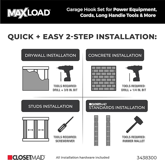ClosetMaid MaxLoad 5-Pack Garage Hooks & Hangers Wall Mount Heavy Duty Storage for Cords, Power Equipment, Long Handle Tools, Cords, Hoses, Shovels, Black