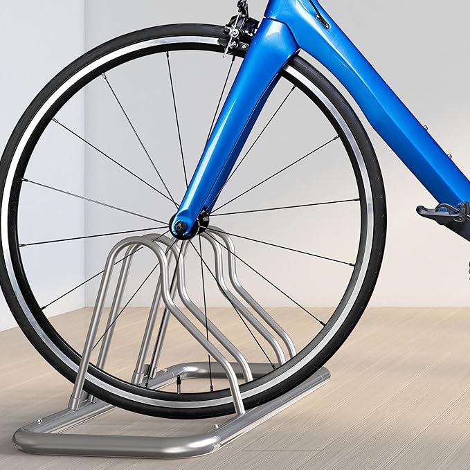 Simple Houseware 2-Bike Floor Storage Rack - Adjustable Bicycle Parking Stand & Garage Organizer for Road and Kids Bikes, Silver