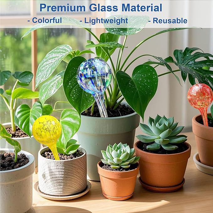 Large Self Watering Globes for Plants Set of 6 - Automatic Glass Plant Watering Bulbs for Indoor & Outdoor Use - Multicolored Watering Devices for Daily Plant Care