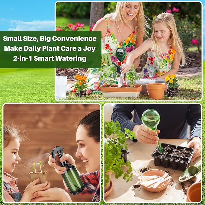 Reallnaive 6 Pcs Indoor Watering Can Set 1/2 Gallon Can 6.8 oz Spray Bottle 17 oz Squeeze Bottle Plant Watering Globes Soil Moisture Meter Small Spraying Set for Indoor Outdoor (White)