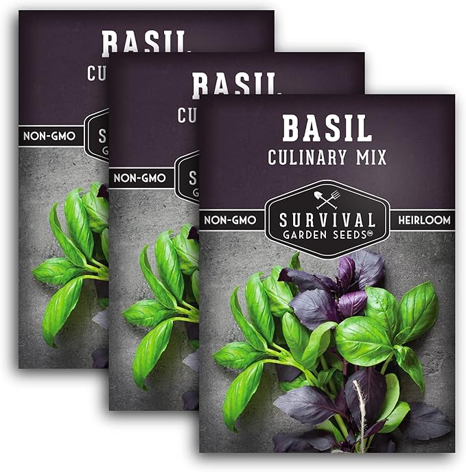 Survival Garden Seeds Culinary Basil Seed Mix -3 Seed Packs with Instructions to Plant & Grow Genovese, Lemon, Lime, Opal & Thai Basil in Your Home Vegetable Garden - Non-GMO Heirloom Varieties