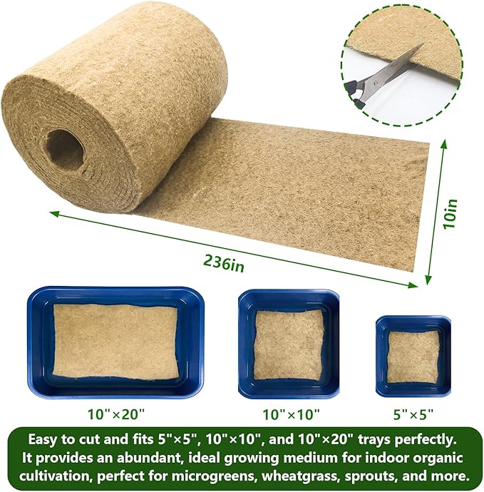 1 Roll 10" X 236"Microgreen Grow Mat, Hydroponic Grow Pads Natural Fiber Grow Mats, Microgreens Growing Kit, Indoor Organic Production for Wheatgrass Sprouts Starter Tray