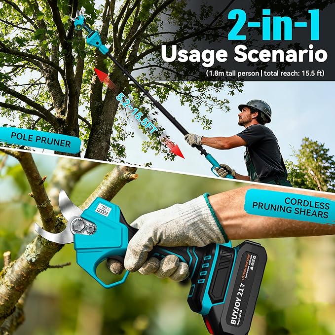 2-in-1 Pole Pruning Shears, 1.6" Cutting Diameter Cordless Electric Pole Pruners - Brushless Motor, 2x4.0Ah Batteries, Extra SK5 Blade, 4 Modes Adjustable Branch Cutter for Garden & Flower (Blue)