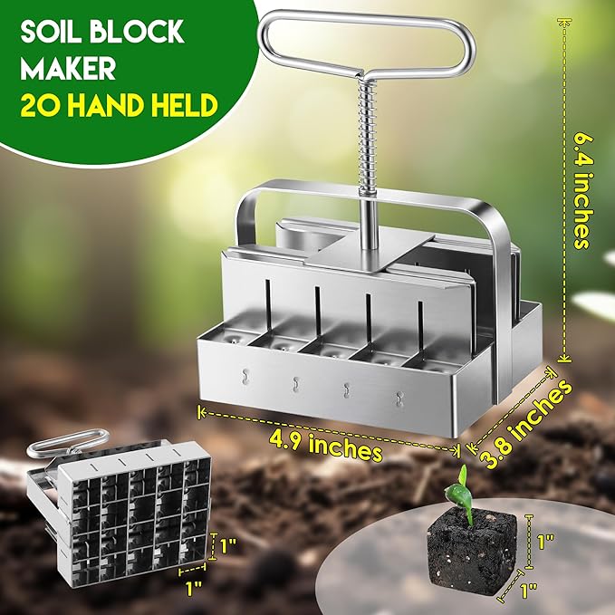 Dreyoo 1 Pack Upgrade Soil Block Maker Hand Held, Manual Blocking Tool for Seed Starting with Dispenser, Garden Potting Soil for Indoor Outdoor Plants, No Transplant Shock (20 Cell,1 Inch)