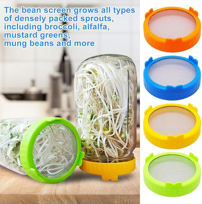 4Pcak Sprouting Lids for Mason Jars, 86mm Wide Mouth Canning Jar Stainless Steel Mesh Screen Strainer Lid for Bean Sprouts Grow Kit - 4 colors