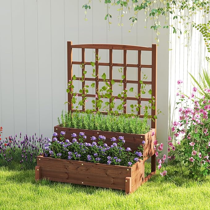 Giantex Raised Garden Bed with Legs and Trellis, 2-Tier Standing Planter Box with Drain Holes, Outdoor Elevated Garden Trellis for Vine Climbing, Flower Vegetable Fruit Herb Growing, Rustic Brown