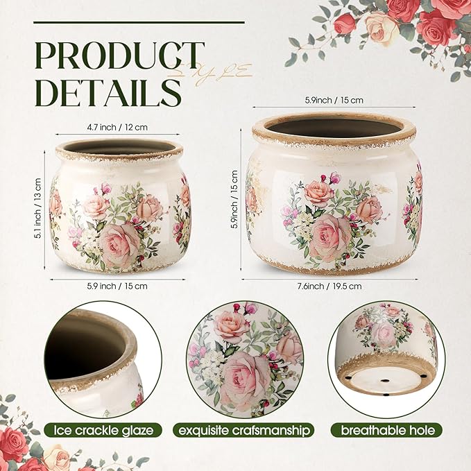2 Pcs Vintage Planter Ceramic Plants Pot with Drainage Ice Crack Scroll Flower Vase Pot for Indoor Outdoor Plants Home Kitchen Decor Gifts(Country Rose,7.7" & 5.9")