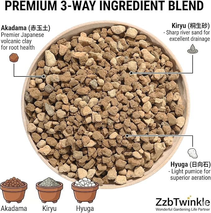 Japanese Akadama Kiryu Hyuga Bonsai Soil Mix, Premium All-Purpose Blend for Bonsai Tree Succulents Orchids and More - Medium Grain 3lb/2qt, Superior Aeration, Drainage & Water Retention