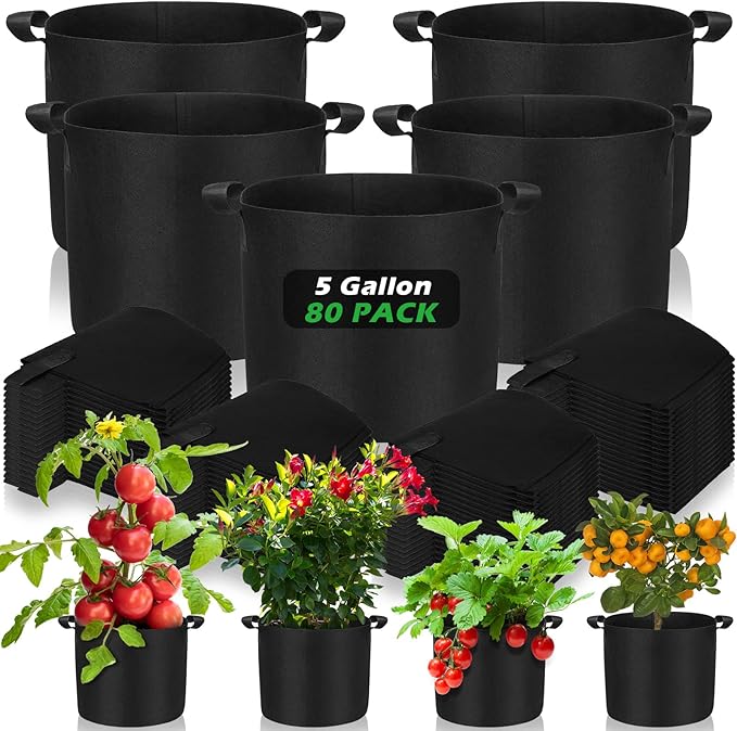 80 Pack 5 Gallon Grow Bags Bulk Heavy Duty Thickened Nonwoven Plant Fabric Pots Vegetable Grow Nursery Pots with Reinforced Handles for Vegetables Potato Tomato and Flower