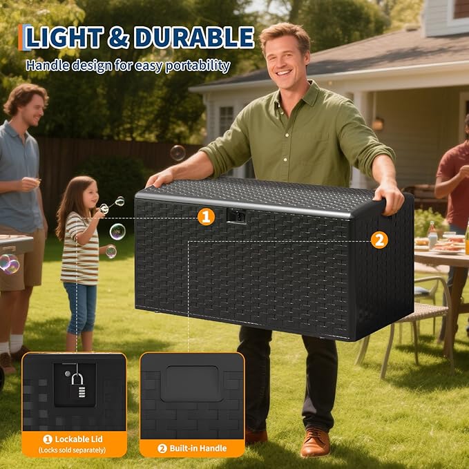 GarveeLife 100 Gallon Outdoor Storage Box, Large Resin Deck Box with Hydraulic Air Rod, Weatherproof & Lockable Outdoor Storage Bin for Patio Cushions, Garden Tools, Pool Supplies, Porch, Black